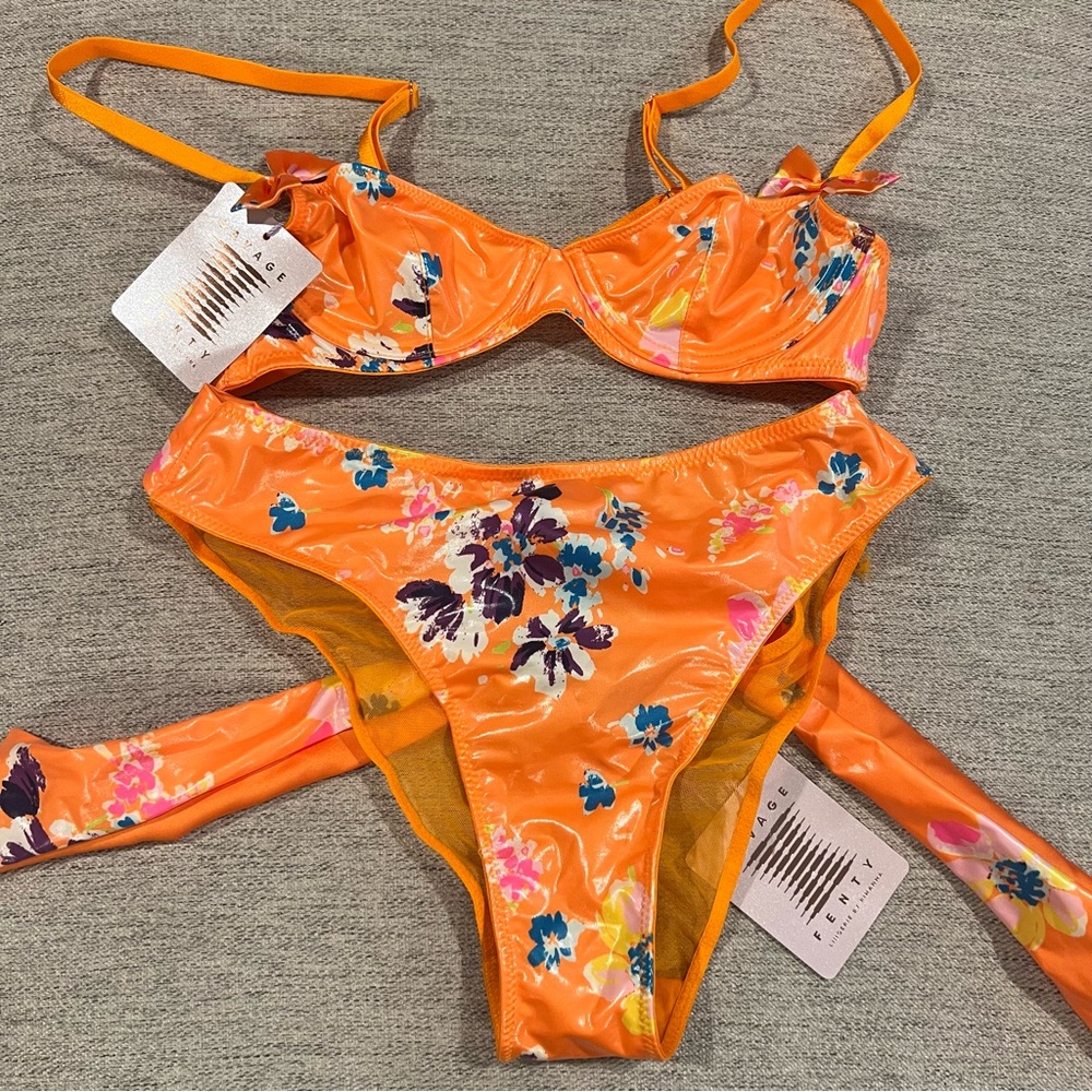 New Savage X Fenty 32A + Small Orange Floral Lingerie Set